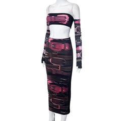 Gloves contrast print backless tube midi skirt set