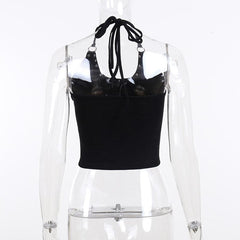 Sleeveless halter abstract self tie backless o ring crop top