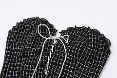 Long sleeve mesh plaid bowknot lace up shrug 2 piece mini dress