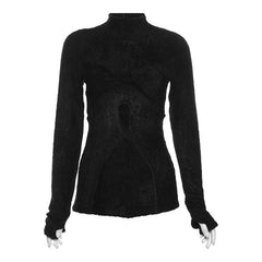 Long sleeve high neck fluffy hollow out gloves slit crop top
