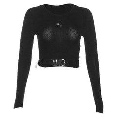Textured star applique long sleeve buckle crop top