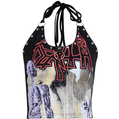 Sleeveless halter abstract self tie backless o ring crop top