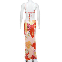 Hollow out v neck backless self tie flower print maxi dress