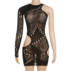Fishnet irregular long sleeve hollow out see through mini dress