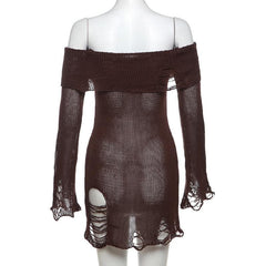 Long flared sleeve off shoulder hollow out see through knitted mini dress