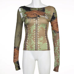 Flower print long sleeve contrast round neck top
