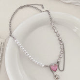 Faux pearl heart pendant rhinestone layered necklace