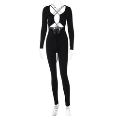 Cross front long sleeve hollow out lace up solid jumpsuit