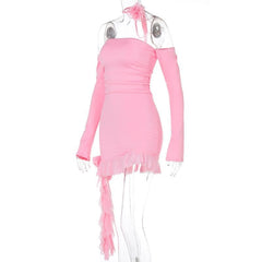 Long sleeve off shoulder flower applique ruffle ruched mini dress