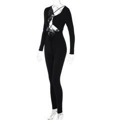 Cross front long sleeve hollow out lace up solid jumpsuit