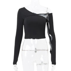 Long sleeve one shoulder button hollow out irregular solid top