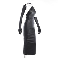 Gloves solid PU leather irregular one shoulder slit midi dress