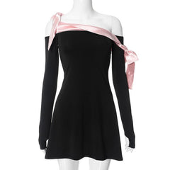 Bowknot contrast gloves long sleeve 3-way off shoulder mini dress