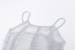 Crochet hollow out solid backless square neck cami mini dress