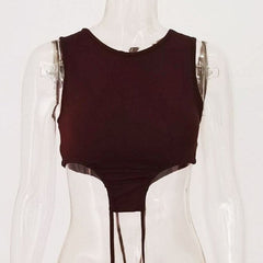 Crewneck sleeveless strappy solid self tie crop top