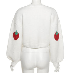 Button long sleeve v neck knitted strawberry applique cardigan top