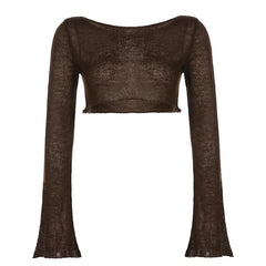 Long flared sleeve boat neck knitted crochet crop top