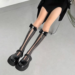 Bowknot polka dot hollow out knee high socks