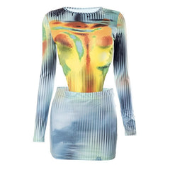 Striped long sleeve crewneck contrast bodysuit mini skirt set - Final Sale