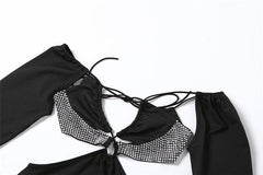 Long sleeve hollow out solid beaded backless self tie mini dress