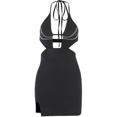Beaded solid halter backless hollow out slit mini dress