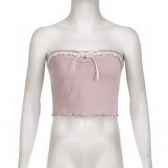 Textured lace hem backless ruffle contrast tube crop top