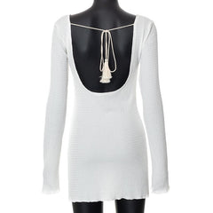 Textured solid self tie backless long sleeve ruffle mini dress