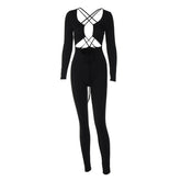 Cross front long sleeve hollow out lace up solid jumpsuit