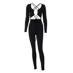 Cross front long sleeve hollow out lace up solid jumpsuit