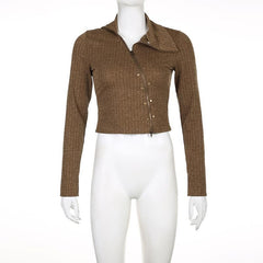 Textured irregular turnover collar zip-up long sleeve crop top