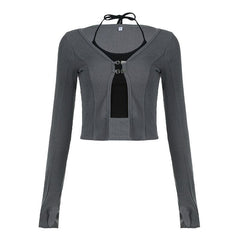 Button stitch long sleeve gloves contrast halter 2 piece crop top