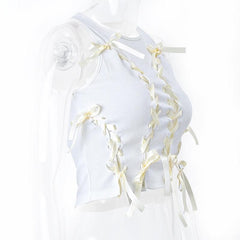 Sleeveless round neck lace up hollow out ribbed crop top