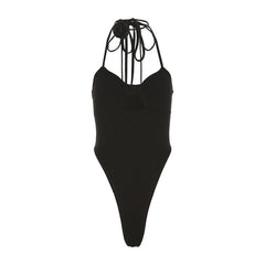 Halter self tie hollow out flower applique backless bowknot bodysuit