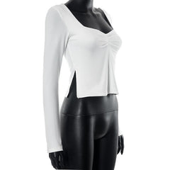 Square neck ruched long sleeve slit solid top