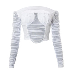 Off shoulder ruched hollow out solid mesh long sleeve crop top