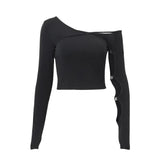 Long sleeve one shoulder button hollow out irregular solid top