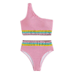 Textured contrast beaded one shoulder bikini swimwear
