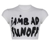 Cap sleeve crewneck "iAM BAD FUN OFF" pattern crop top