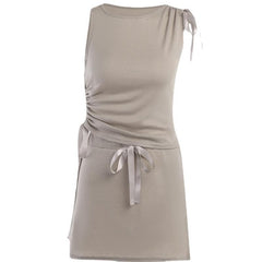 Drawstring solid ruched sleeveless lace up mini skirt set