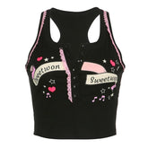 Button "sweetwon" pattern sleeveless lace hem contrast crop top - Final Sale