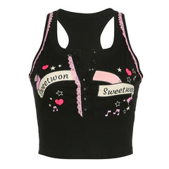 Button "sweetwon" pattern sleeveless lace hem contrast crop top - Final Sale