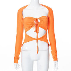 Drawstring hollow out button solid 2 piece shrug tube top