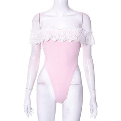 Ribbed lace hem contrast off shoulder backless bodysuit
