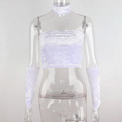 Fluffy gloves solid beaded backless tube crop top