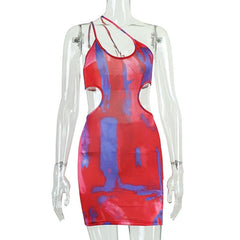 Contrast print irregular hollow out one shoulder mini dress