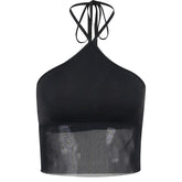 Solid halter mesh patchwork self tie backless crop top