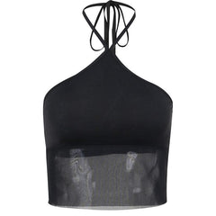 Solid halter mesh patchwork self tie backless crop top