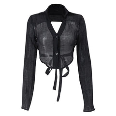 Long sleeve solid turnover collar v neck button backless self tie crop top