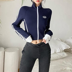 Long sleeve contrast high neck zip-up tag crop top