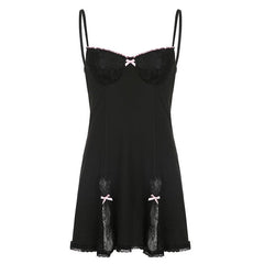 Low cut bowknot lace ruffled cami A line dress